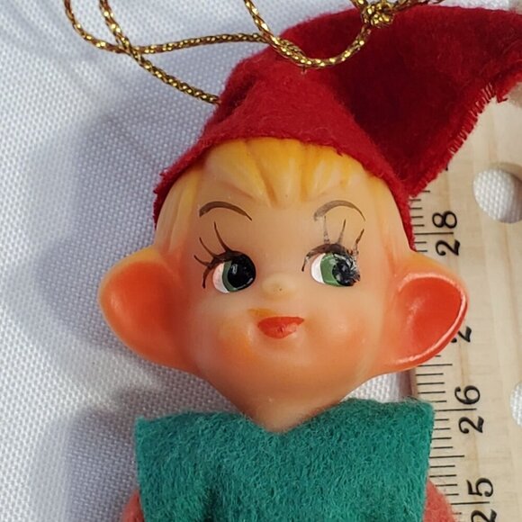 Vintage Pixie Elf Elves Christmas Ornament With Green Felt Outfit Red Hat 1950's - Picture 2 of 5